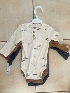 Carter's Cream Printed Ribbed Long-Sleeve One-Piece (Set of 3)